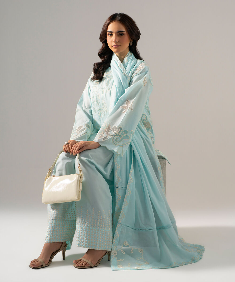 Women's RTW Lawn Solid Embroidered Blue 3 Piece Suit
