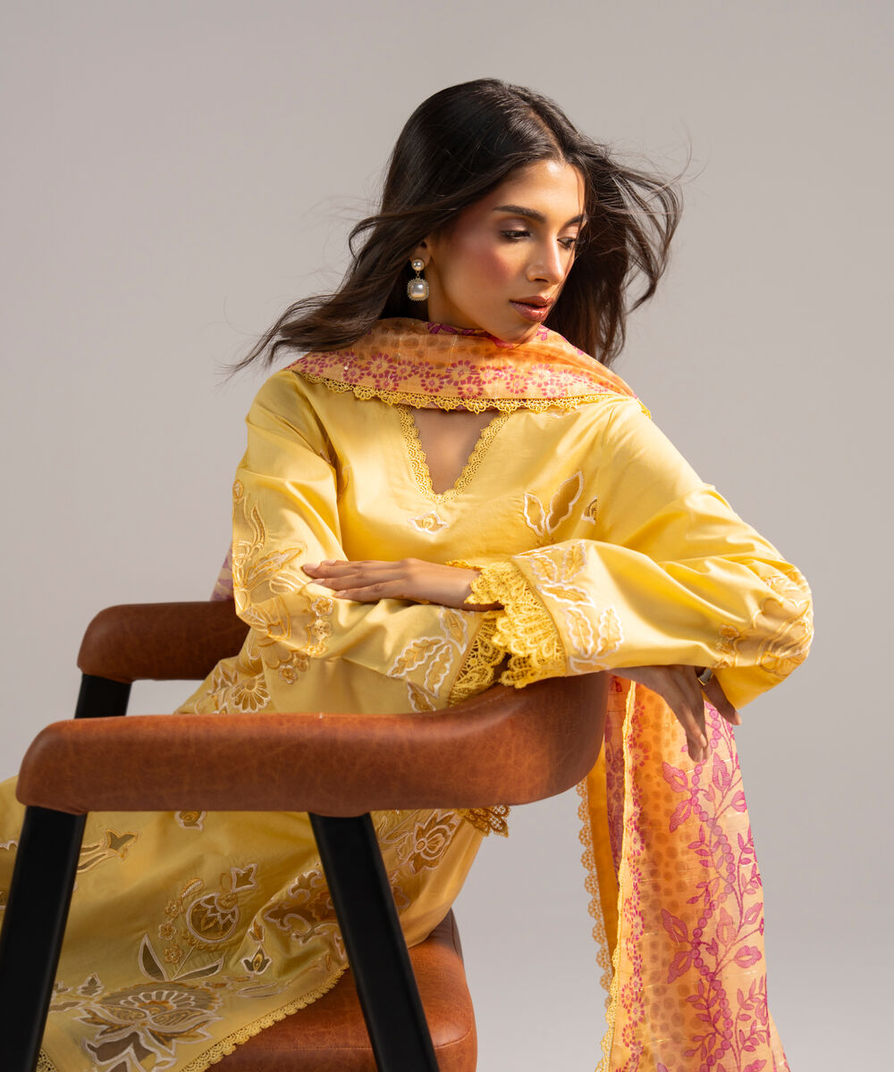 Women's RTW Lawn Embroidered Yellow 3 Piece Suit