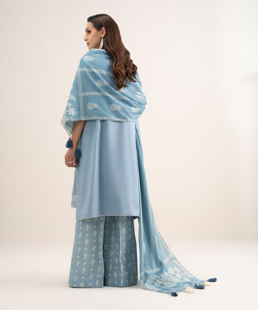 Women's Unstitched Dobby Embroidered Blue 3 Piece Suit