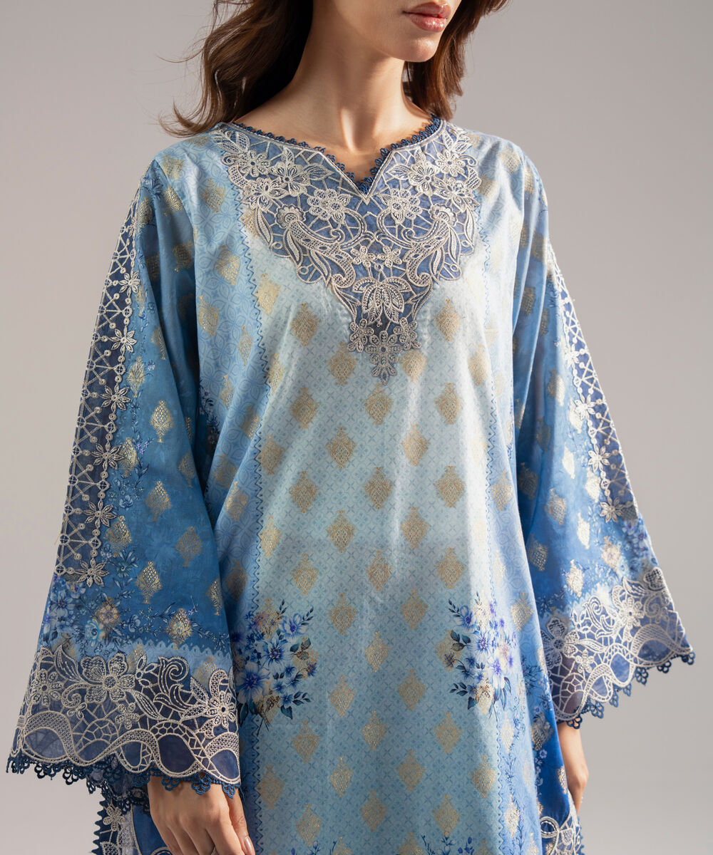 Women's RTW Self Jacquard Embroidered Blue 3 Piece Suit