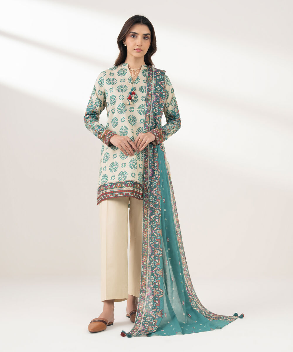 Women's Unstitched Cotton Printed Multi 3 Piece Suit