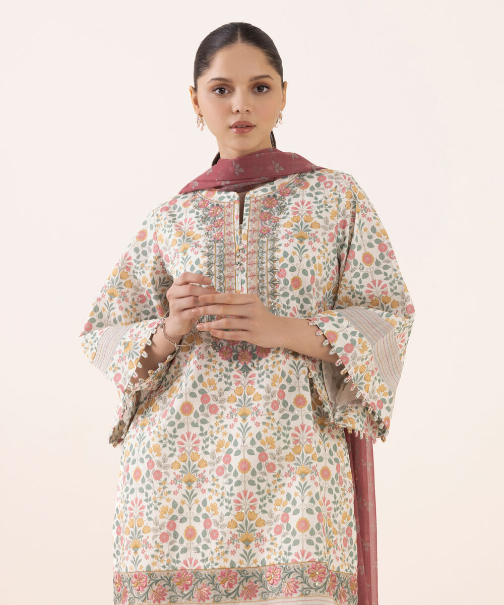 Women's Unstitched Cotton Embroidered Multi Three Piece Suit