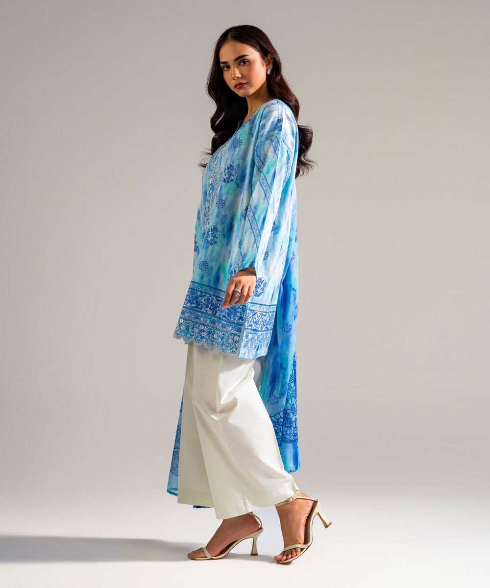 Women's RTW Dobby Embroidered Blue 3 Piece Suit