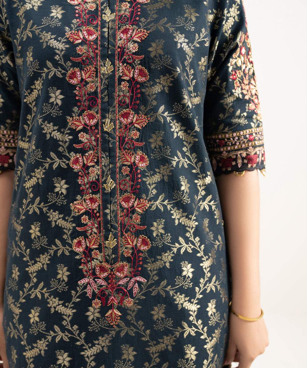 Women's Unstitched Extra Weft Jacquard Embroidered Black 3 Piece Suit