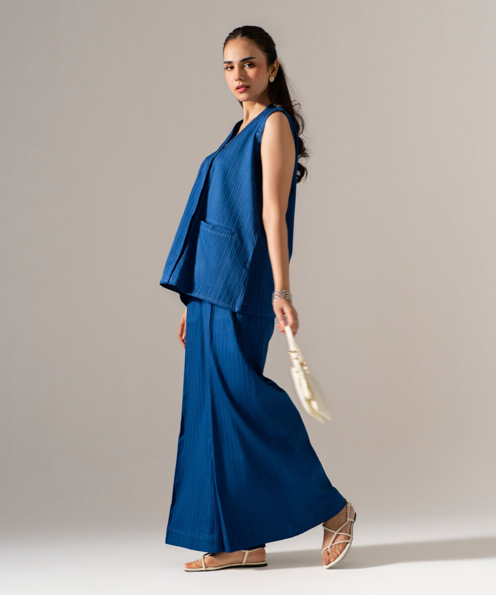 Women's RTW Dobby Strip Solid Blue 2 Piece Suit