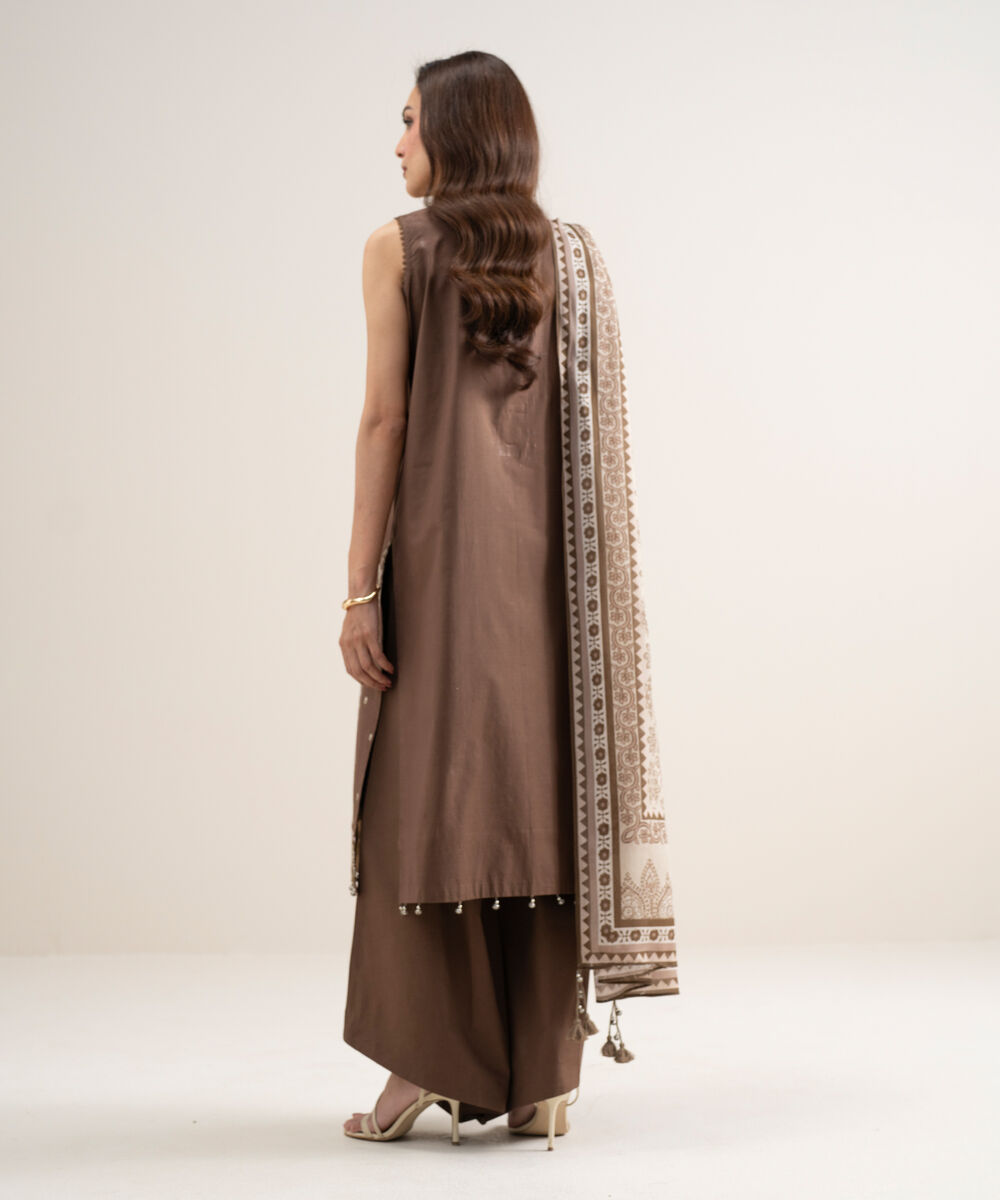 Women's Unstitched Lawn Embroidered Brown 3 Piece Suit