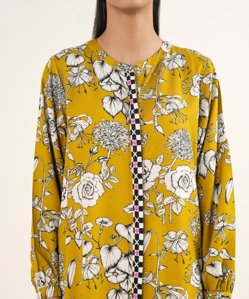 Women's RTW Herringbone Printed Mustard Front Open Jacket