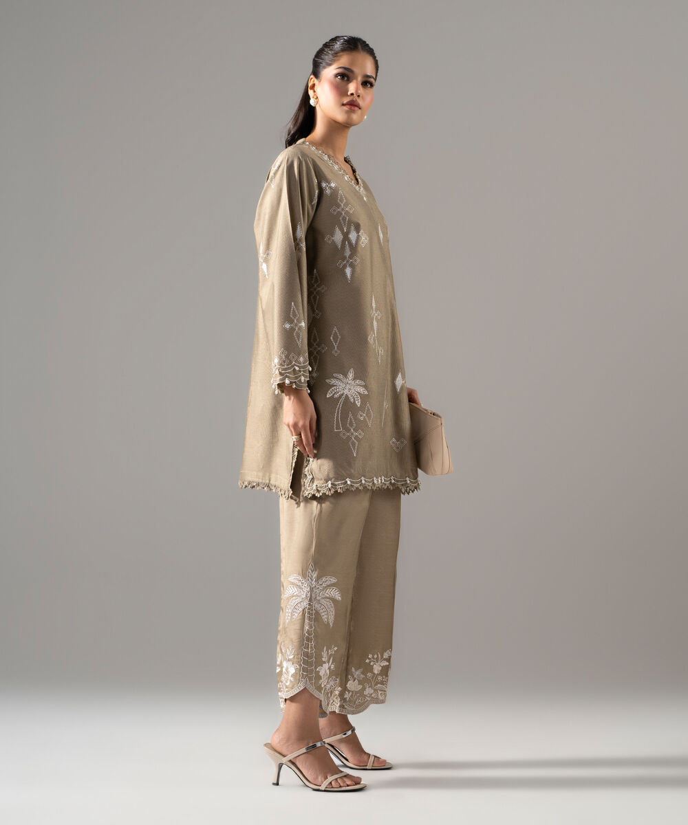 Women's RTW Cotton Net Solid Embroidered Muted Green 2 Piece Suit