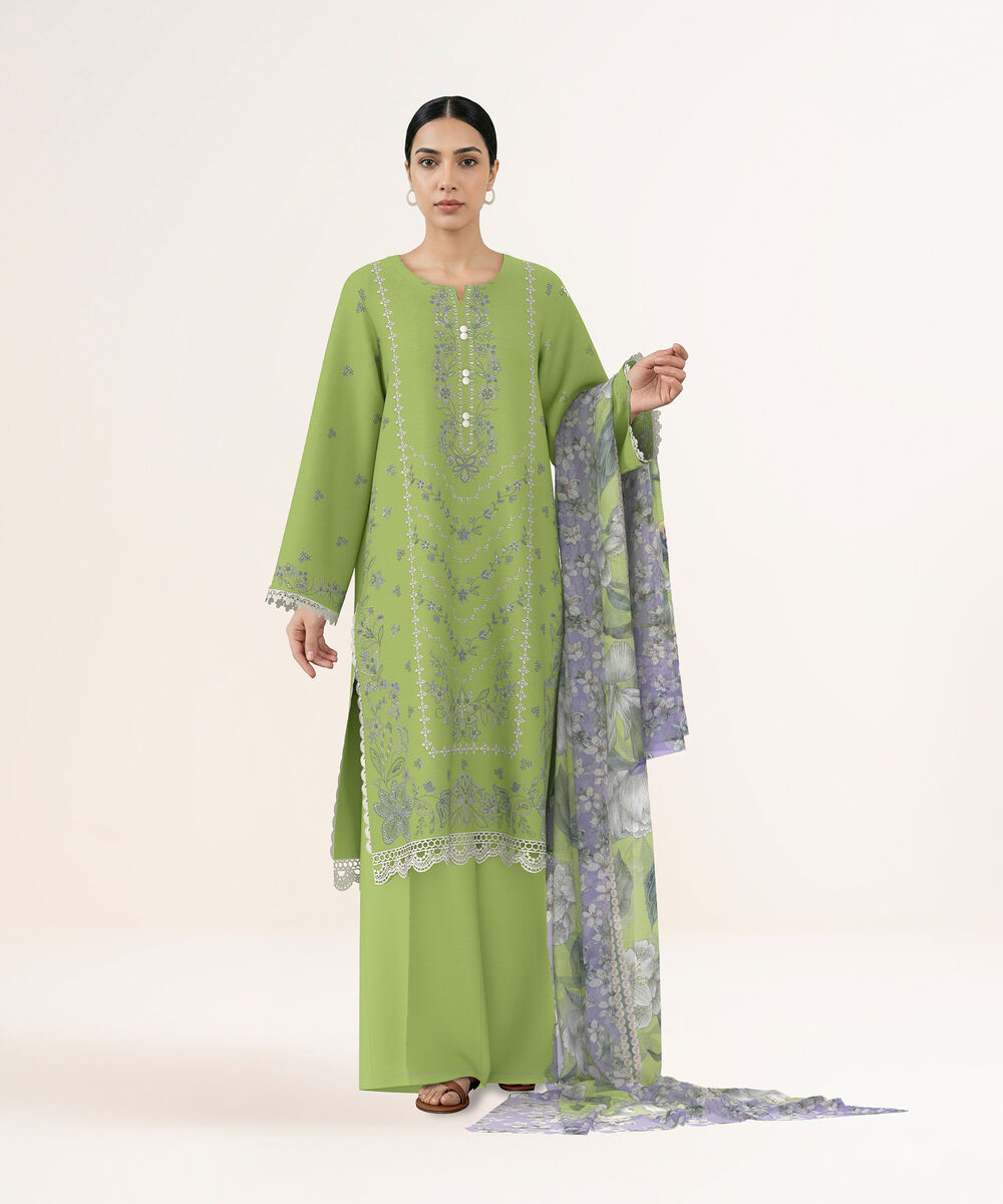 Women's Unstitched Self Jacquard Green Embroidered 3 Piece Suit