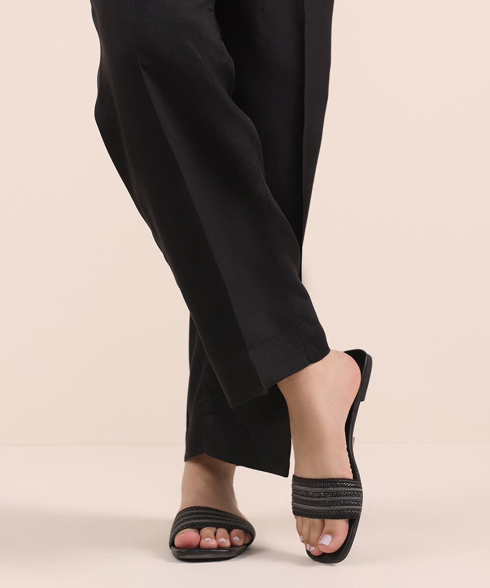 Woman - Black Raw Silk Straight Pants