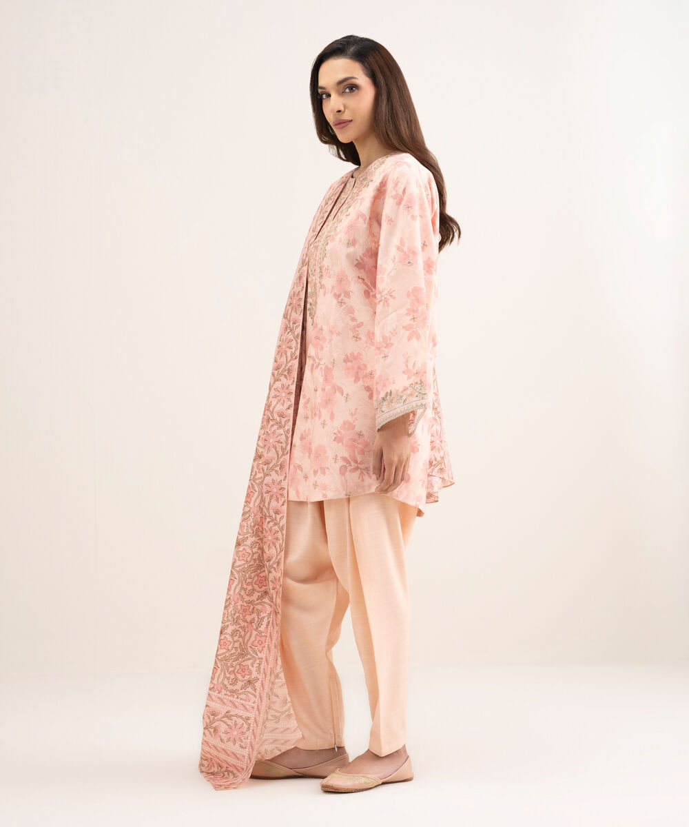 Women's Unstitched Raw Silk Embroidered Pink 3 Piece Suit