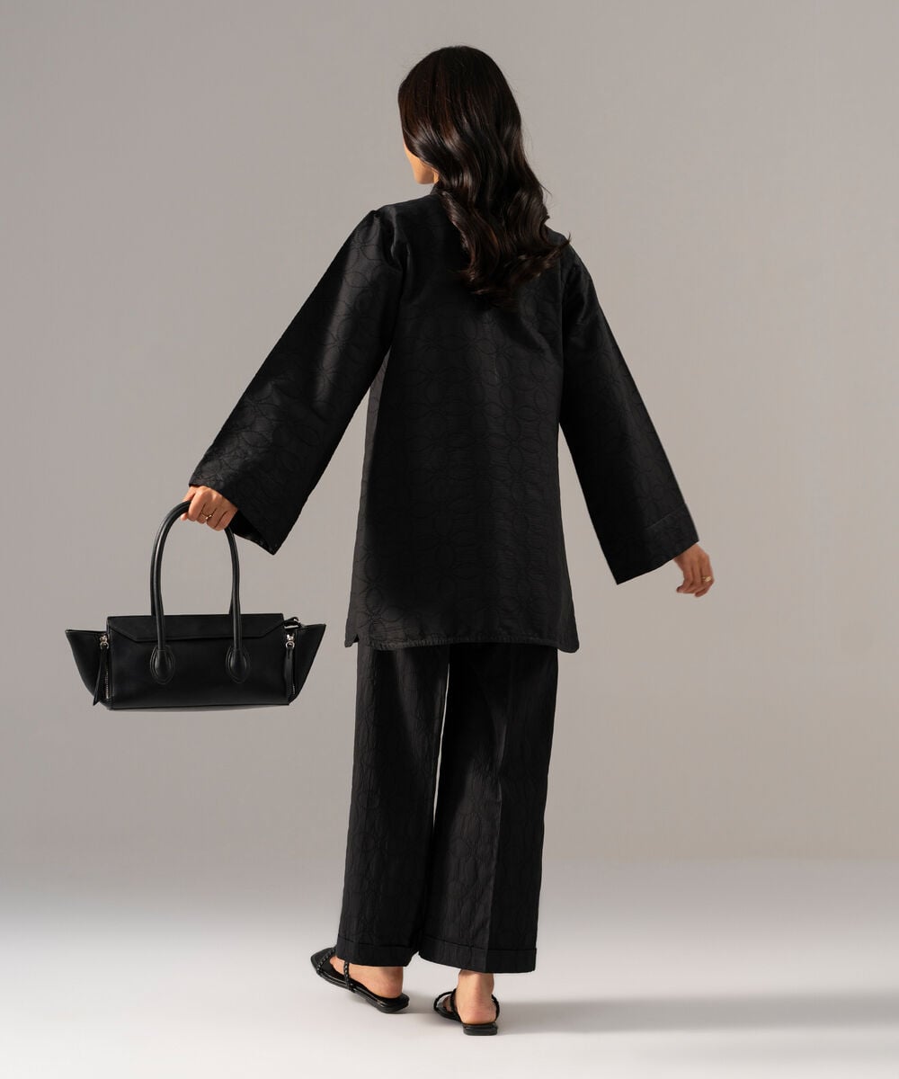 Women's RTW Textured Cotton Solid Black 2 Piece Suit