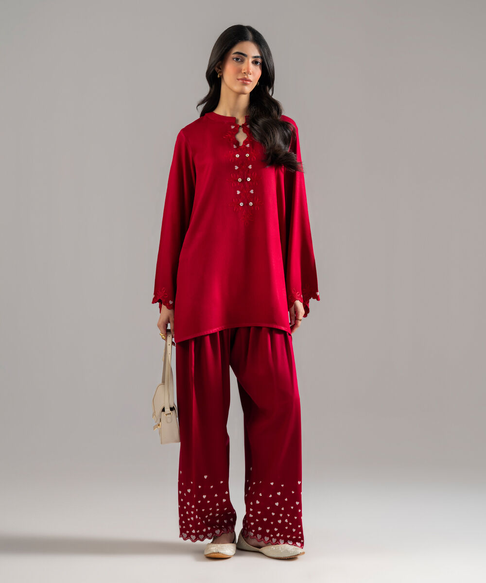 Women's RTW Bedford Solid Embroidered Red Straight Shirt