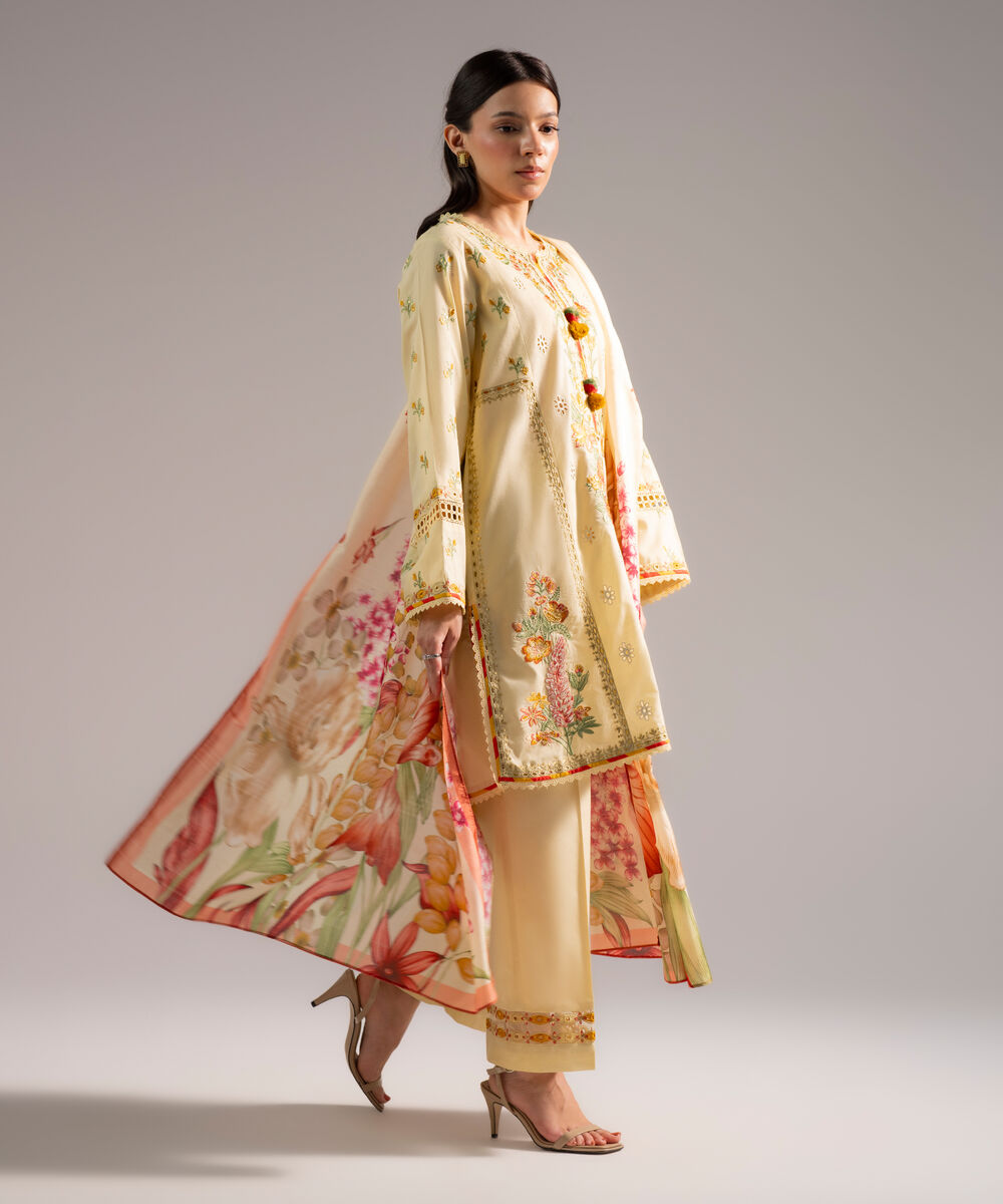Women's RTW Slub Lawn Embroidered Pale Yellow 3 Piece Suit