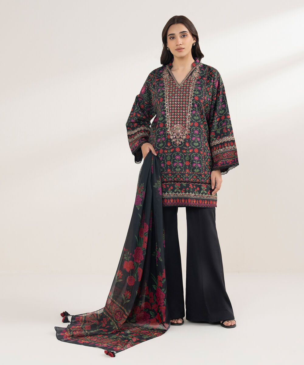 Women's Unstitched Blended Grip Silk Printed Multi 3 Piece Suit