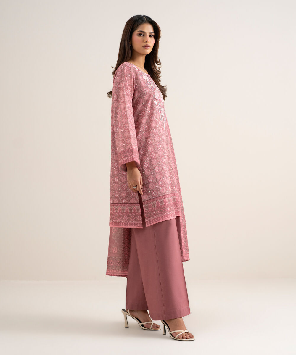 Women's Unstitched Lawn Embroidered Dark Tea Pink 3 Piece Suit