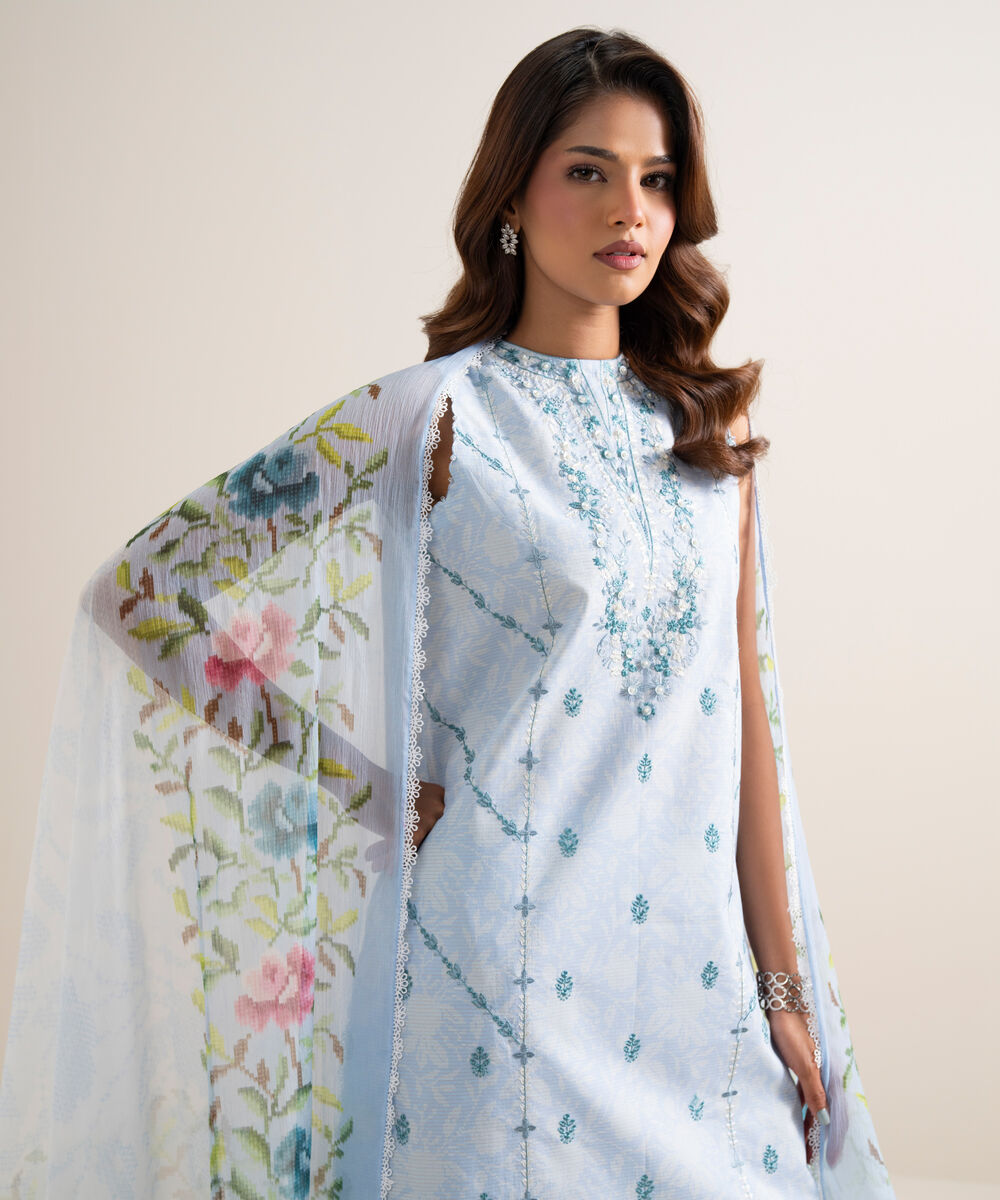 Women's Unstitched Zari Cotton Embroidered Blue 3 Piece Suit