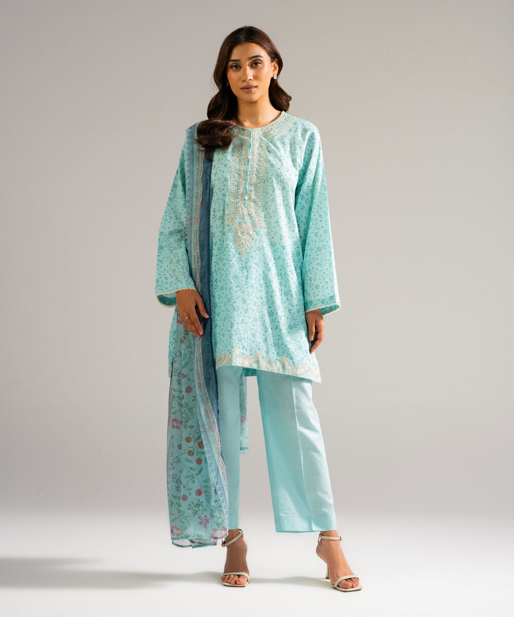 Women's RTW Self Jacquard Embroidered Blue 3 Piece Suit