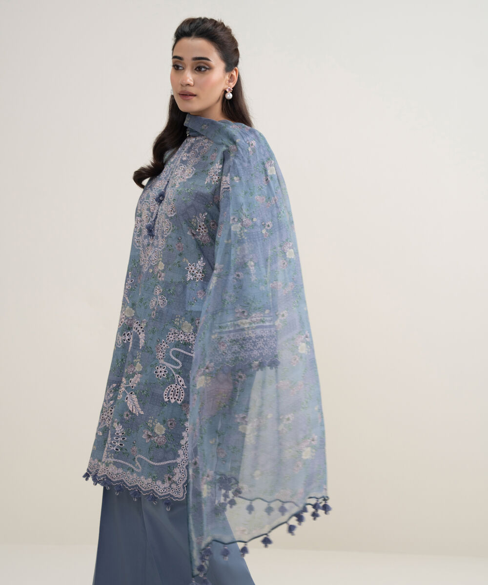 Women's Unstitched Fine Lawn Embroidered Blue  3 Piece Suit