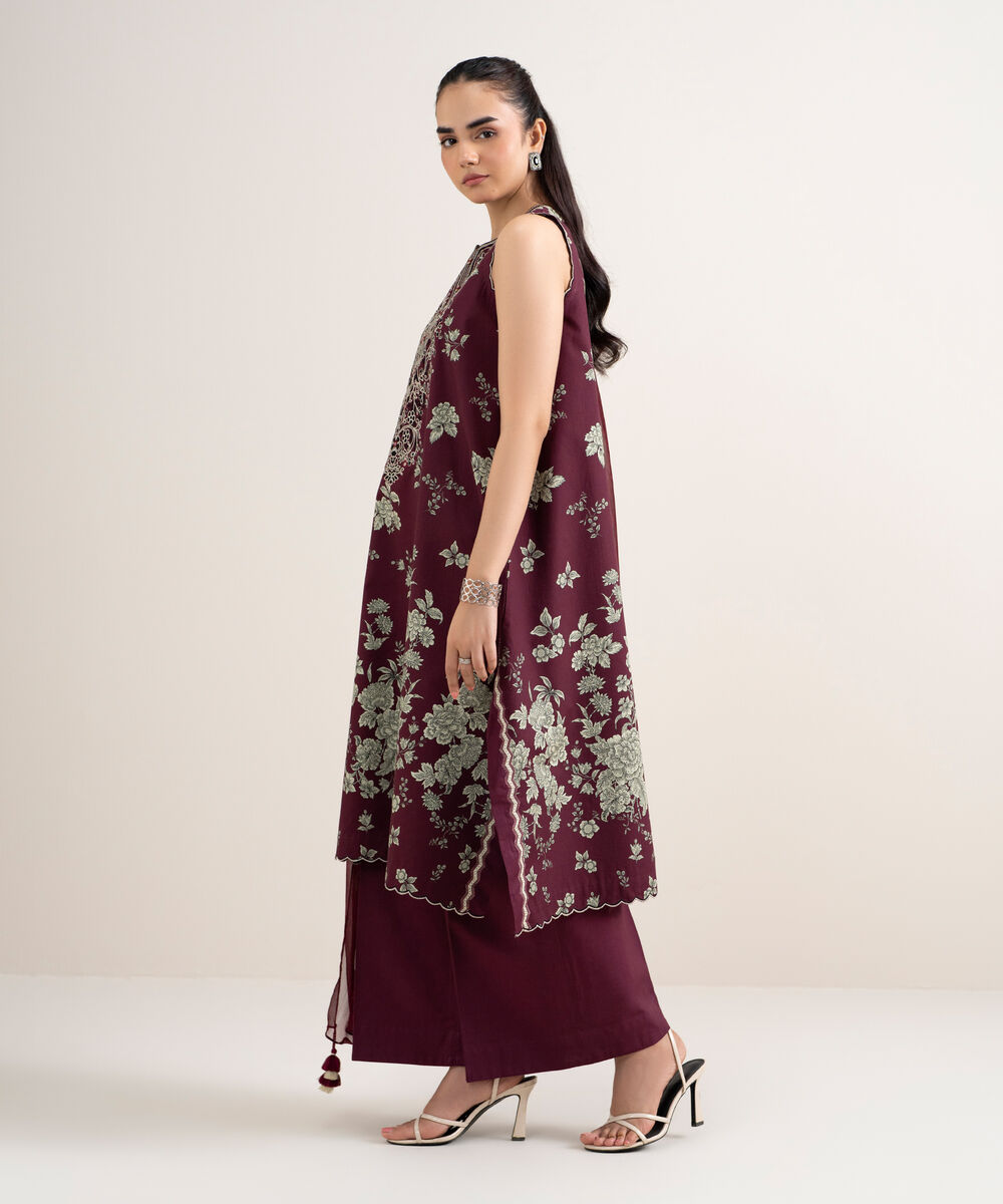 Women's Unstitched Cotton Embroidered Red