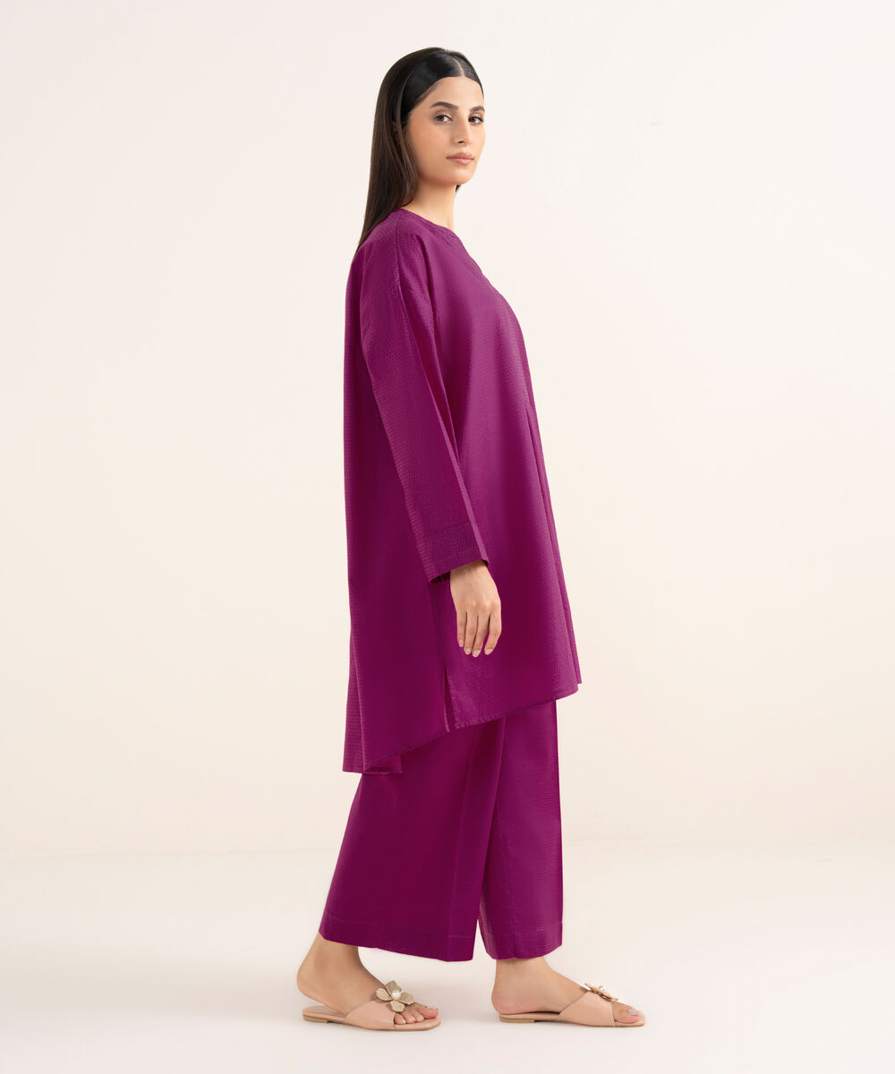 Women's RTW Textured Lawn Pink Solid Drop Shoulder Shirt