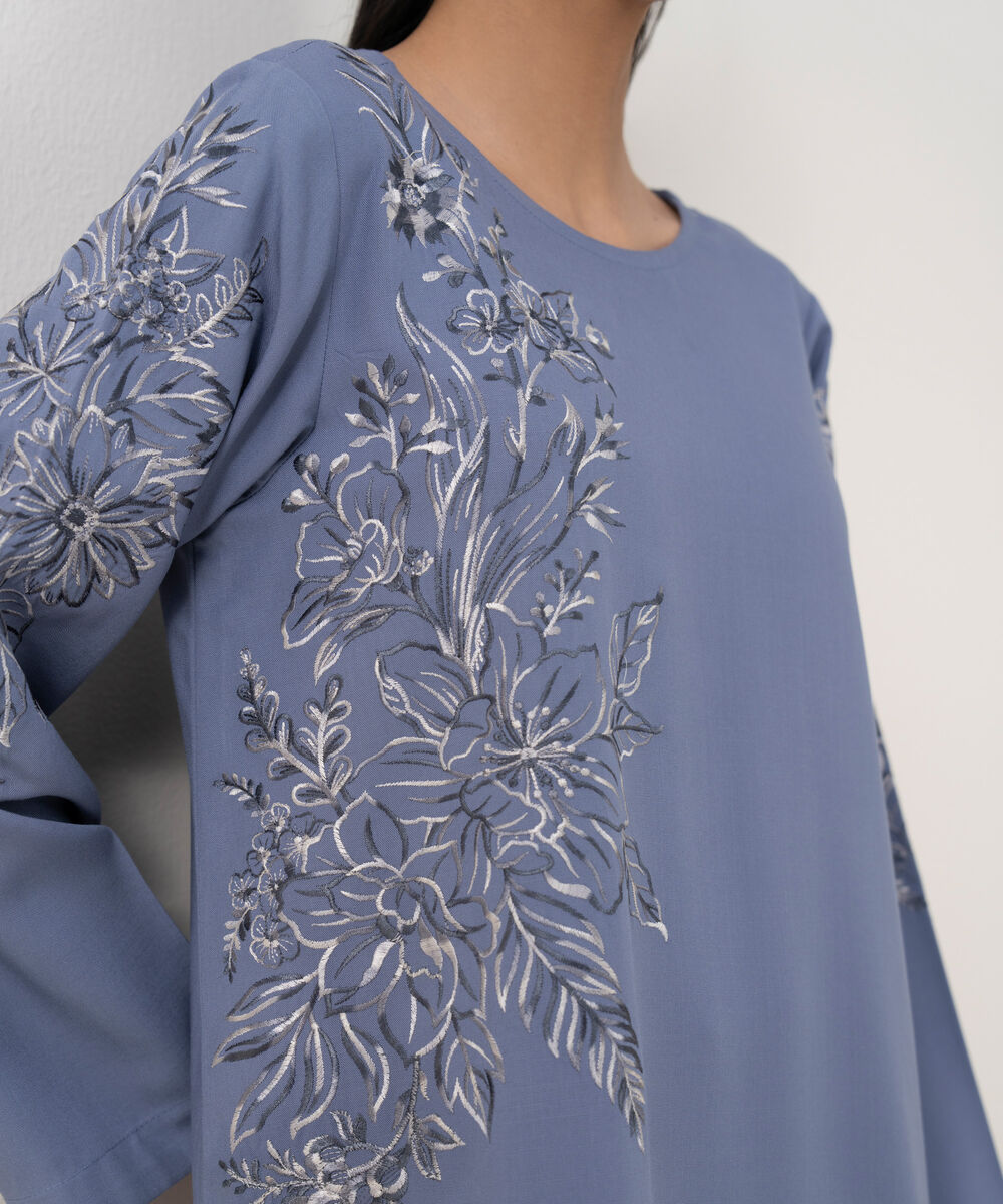 Women's RTW Cotton Viscose Embroidered Blue Straight Shirt