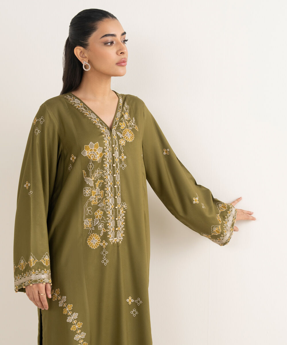 Women's RTW Viscose Marina Embroidered Green A-Line Shirt