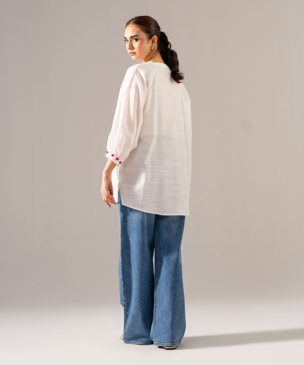 Women's RTW Khaddar Solid Embroidered White Straight Shirt