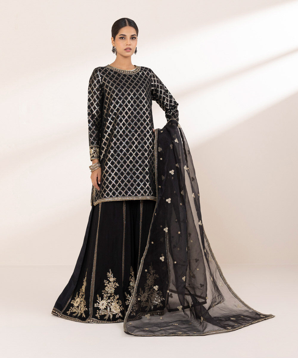 Women's RTW Masoori Black Embroidered Three Piece Suit