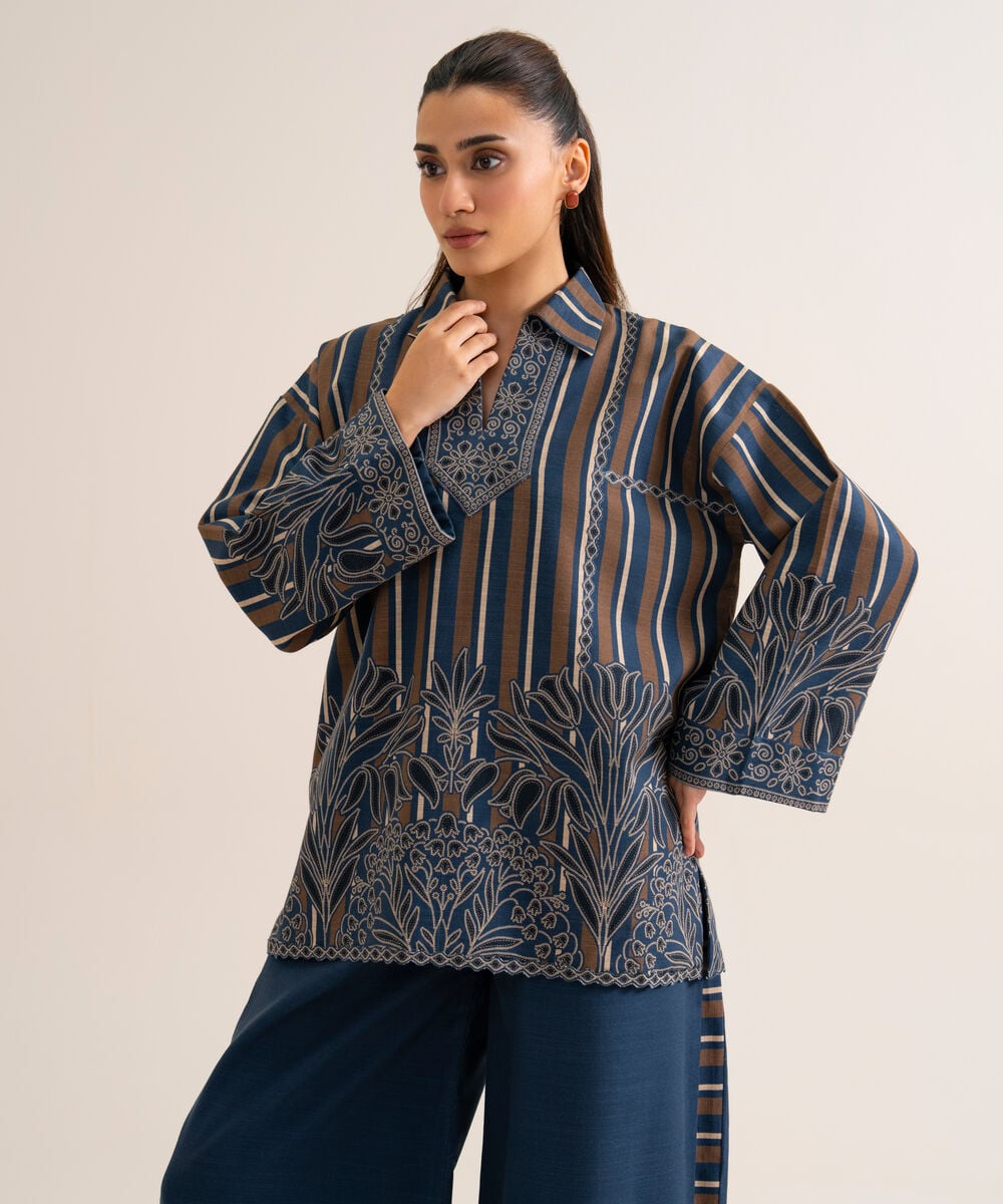 Women's Unstitched Premium Khaddar Printed Dark Blue 2 Piece Suit