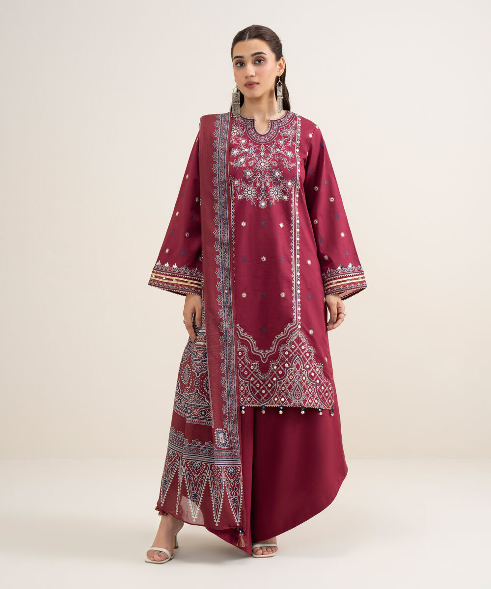 Women's Unstitched Lawn Embroidered Maroon 3 Piece Suit