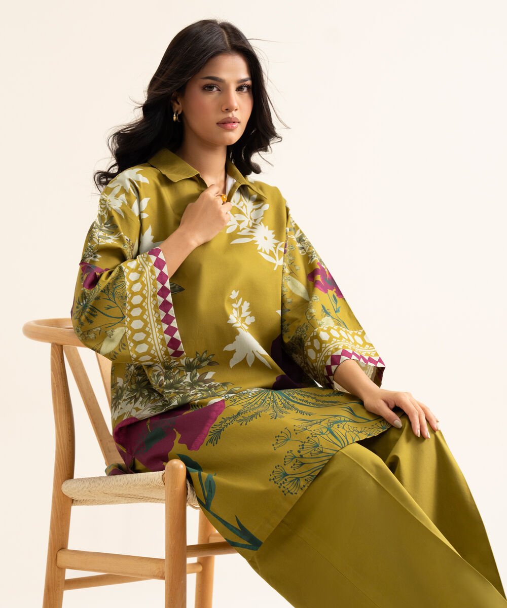 Women's Unstitched Cotton Printed Mustard 2 Piece Suit