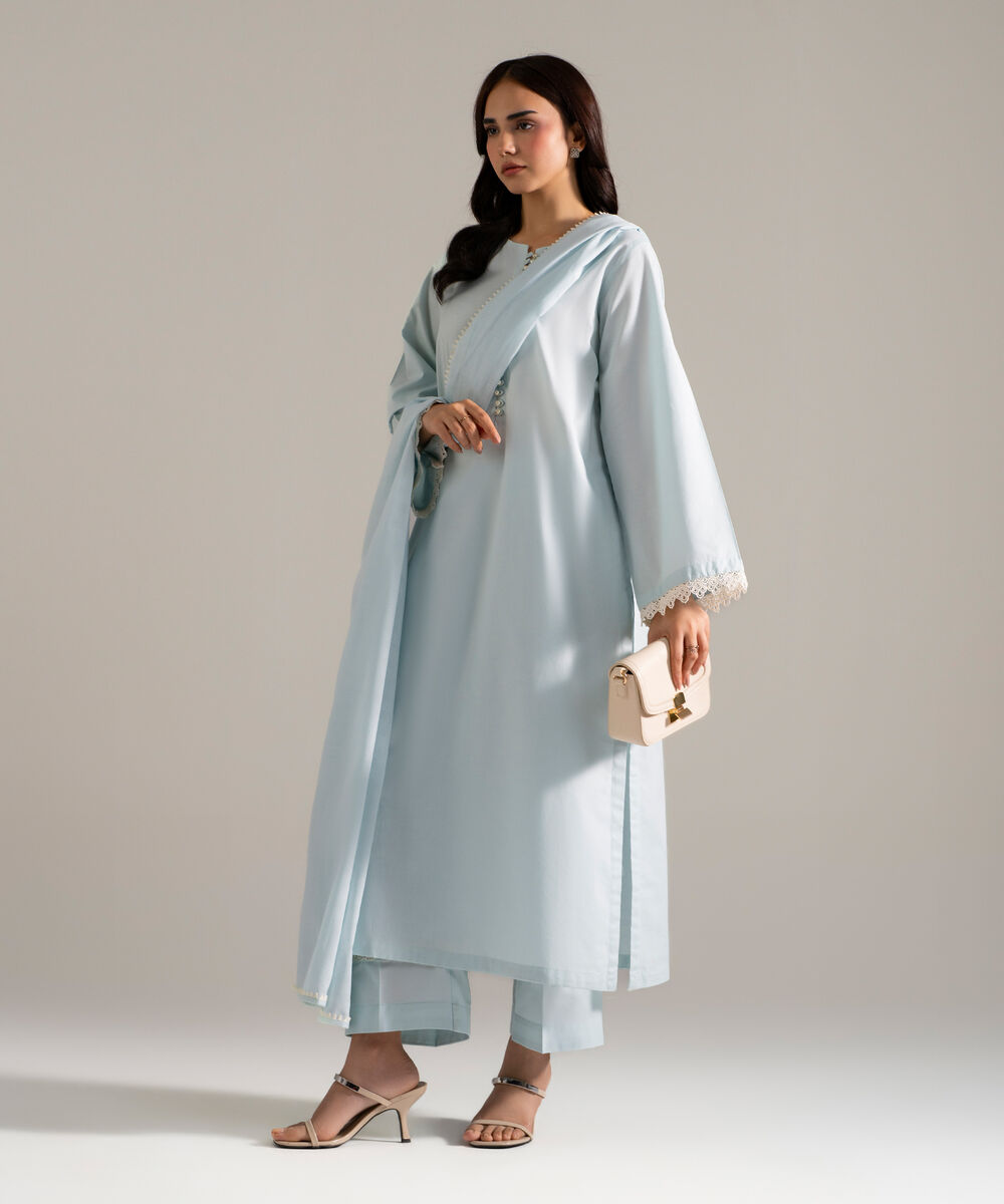 Women's RTW Cambric Embroidered Blue 3 Piece Suit