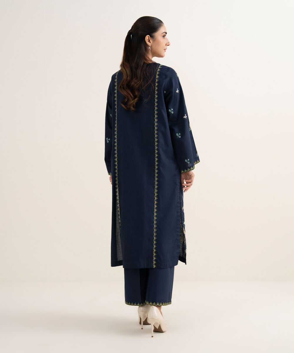 Women's RTW Self Jacquard Embroidered A-Line Blue Shirt