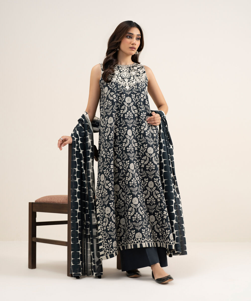 Women's Unstitched Lawn Embroidered Black and Off White 3 Piece Suit