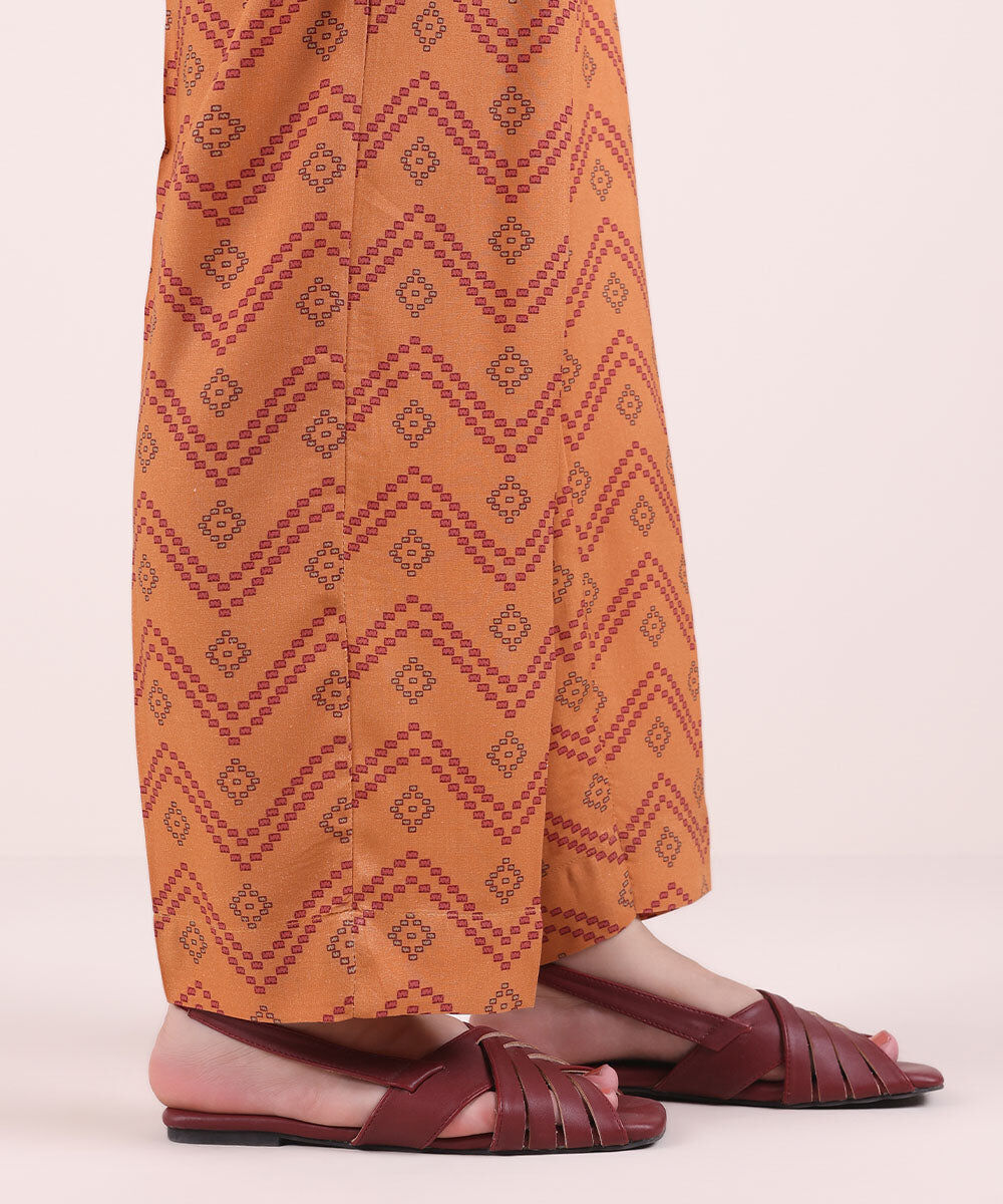 Women's Pret Linen Printed Orange Straight Pants