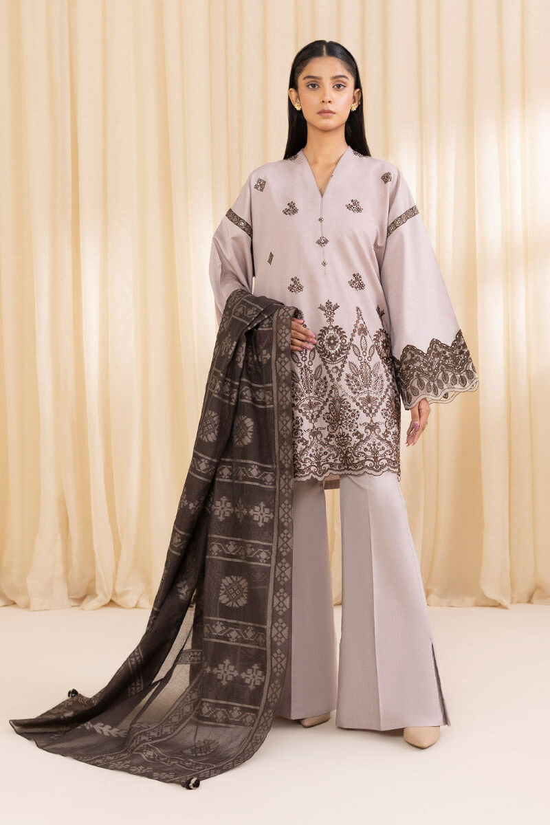 3 Piece - Embroidered Cotton Satin Suit
