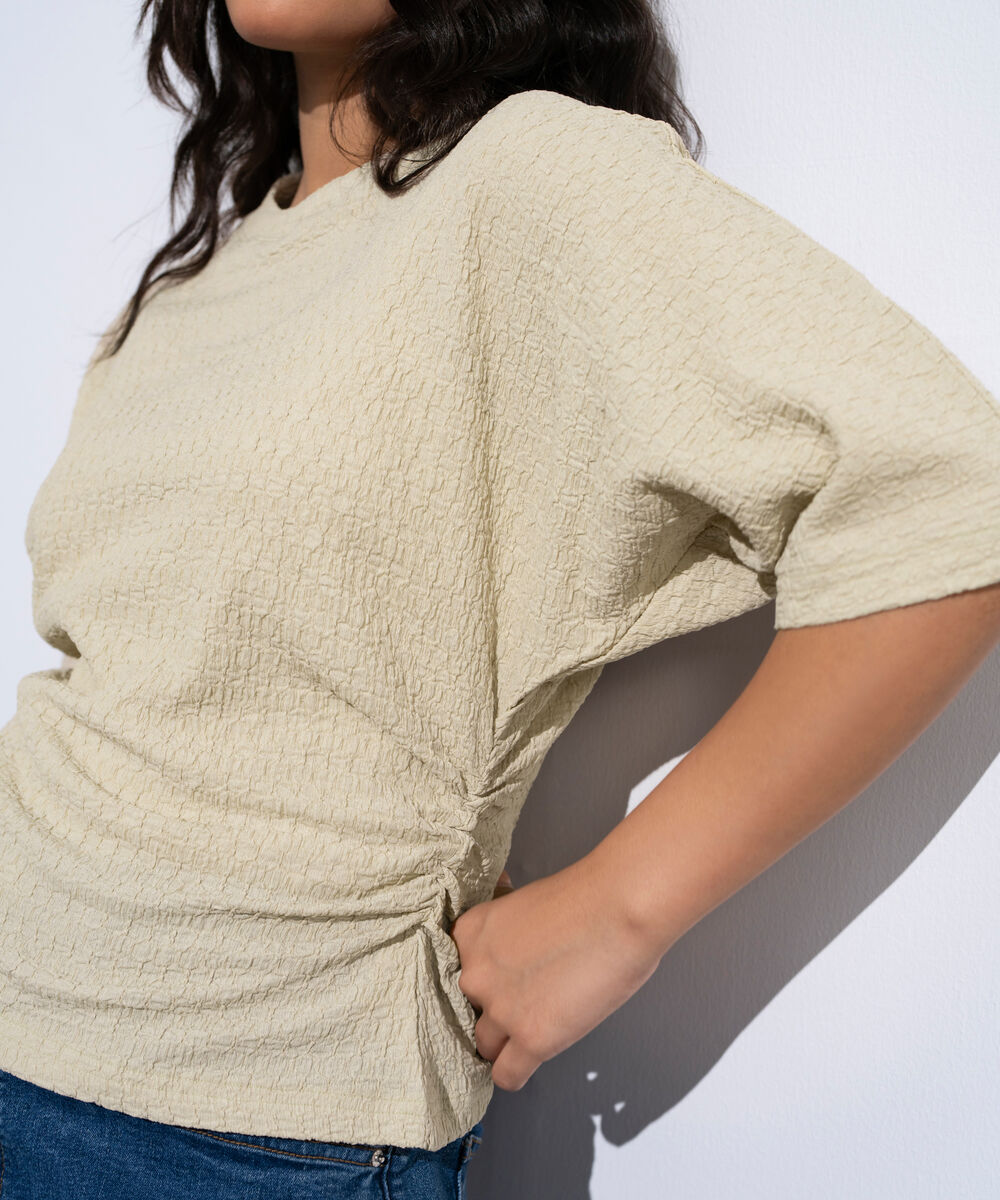 Women's Beige Cinched Waist Textured T-Shirt