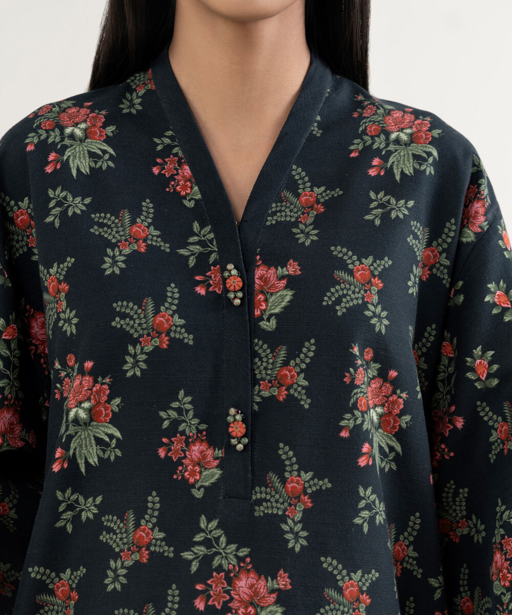 Women's Unstitched Printed Khaddar Black 3 Piece Suit