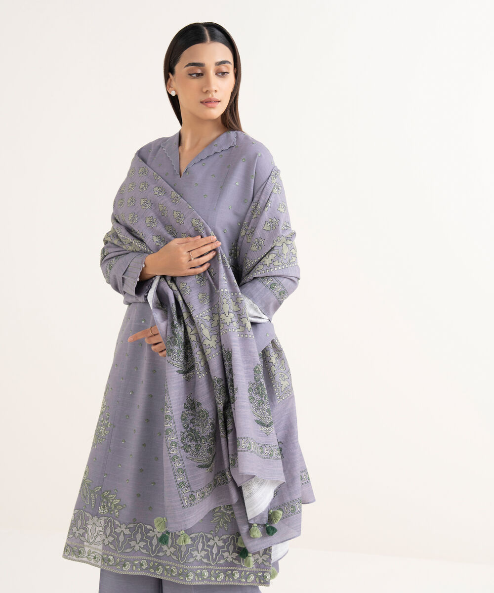 Women's Unstitched Light Khaddar Embroidered Purple 3 Piece Suit
