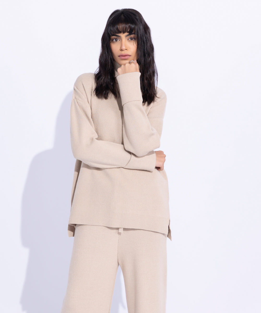 Woman - Beige Ribbed Turtle Neck Sweater