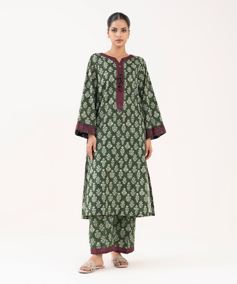 Women's RTW Lawn Viscose Green Embroidered A-Line Shirt