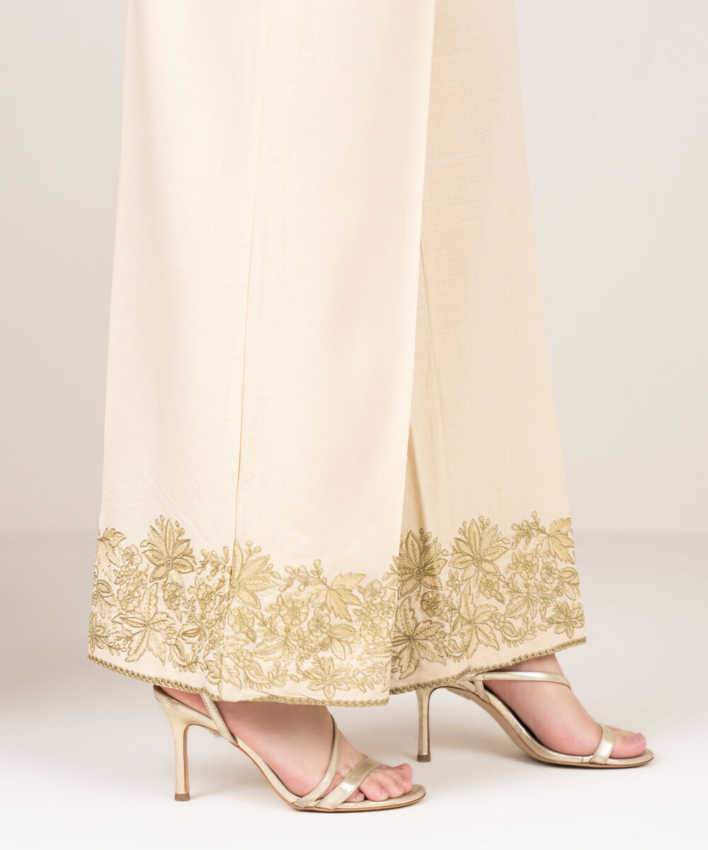 Women's RTW Cotton Viscose Embroidered Off White Culottes