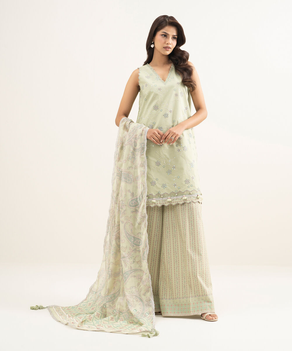 Women's Unstitched Lawn Embroidered Beige 3 Piece Suit