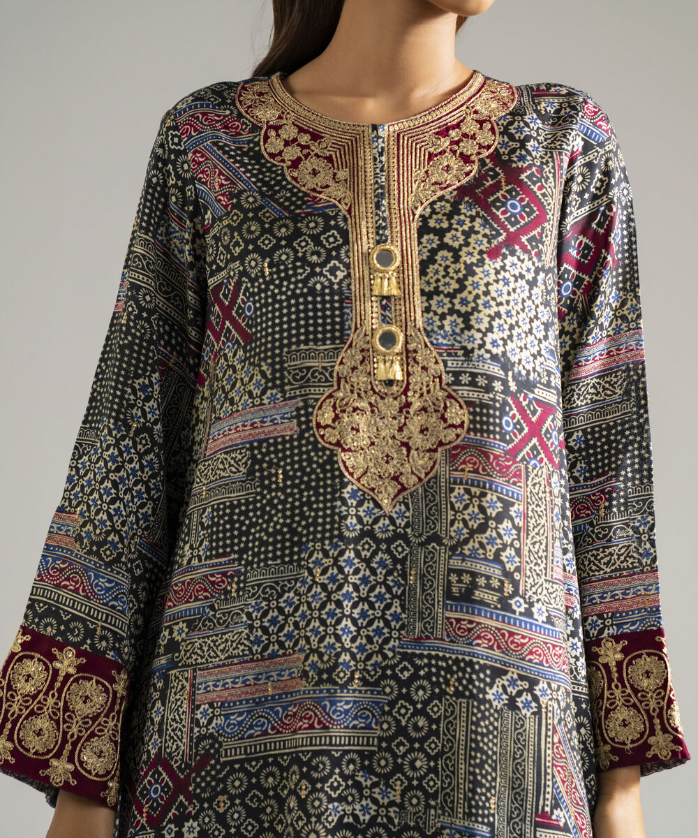 Women's RTW Bright Raw Silk Embroidered Black 3 Piece Suit