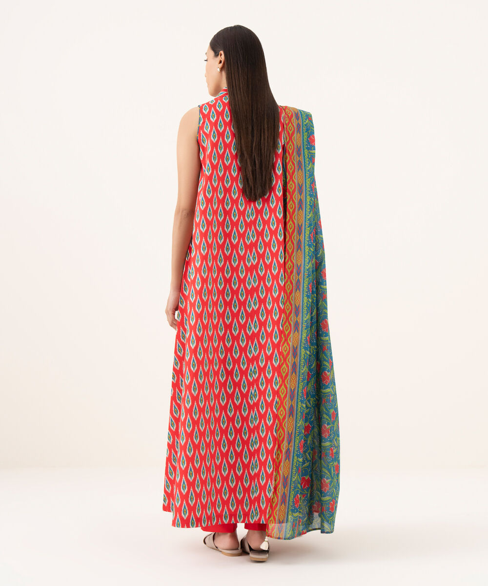 Women's Unstitched Cotton Printed Red 3 Piece Suit