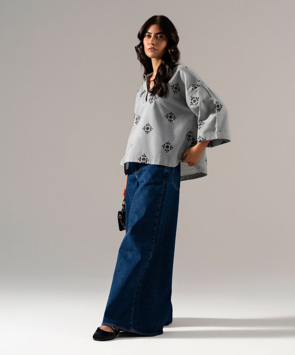 Women's RTW Solid Embroidered Steel Blue Khaddar Shirt