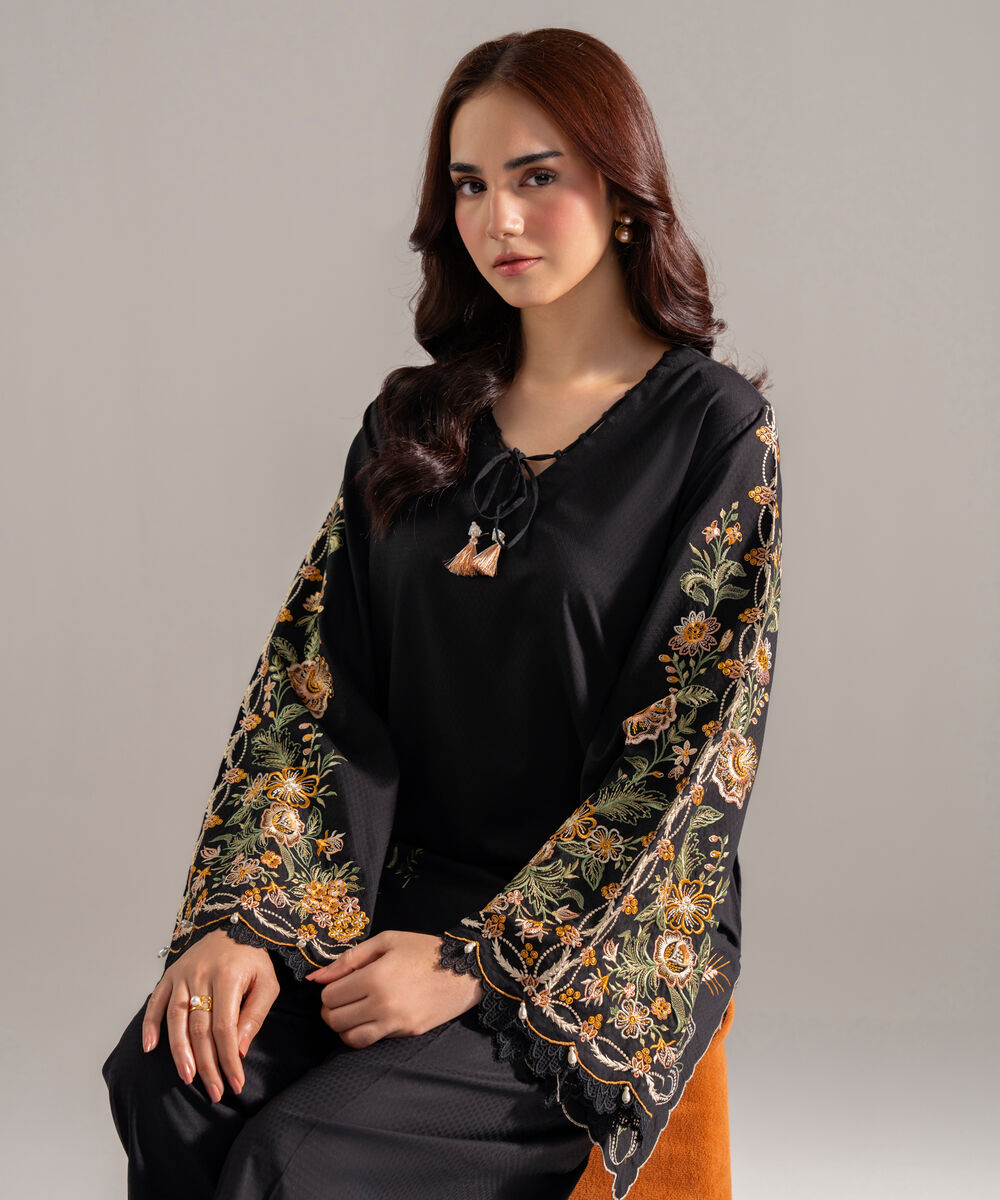 Women's RTW Dobby Solid Black Straight Shirt