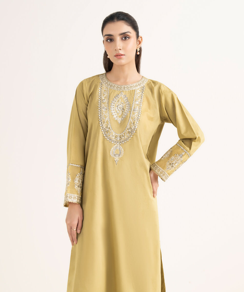 Women's RTW Self Jacquard Leno Embroidered Yellow A-Line Shirt