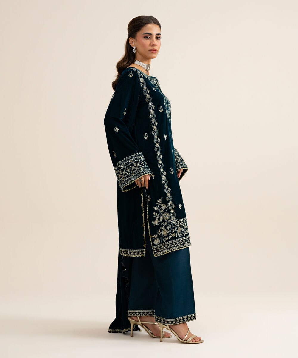 Women's Unstitched Velvet Embroidered Dark Blue 3 Piece Suit
